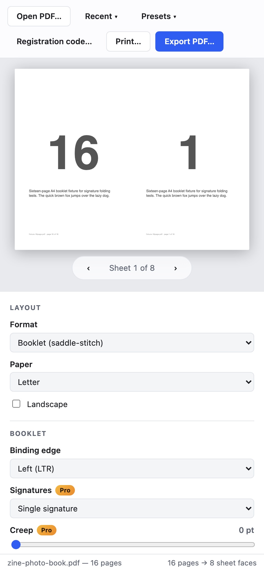 PDF Imposer on Android — a 16-page PDF imposed as a saddle-stitch booklet with sheet preview
