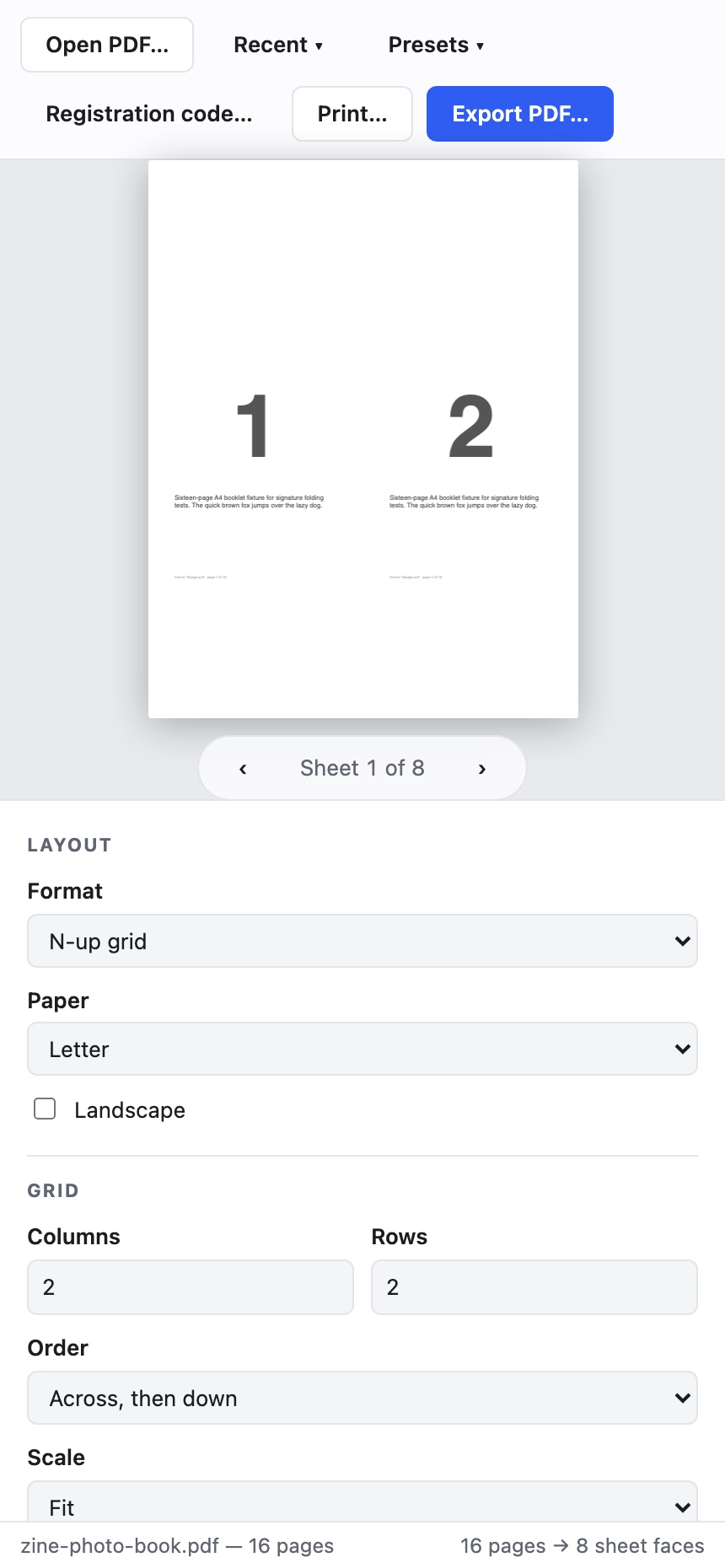 PDF Imposer on Android — 2×2 N-up grid layout