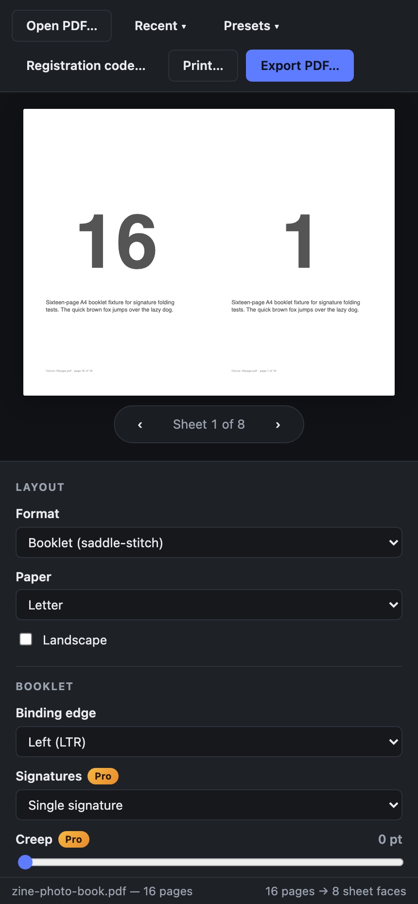 PDF Imposer on Android in dark mode