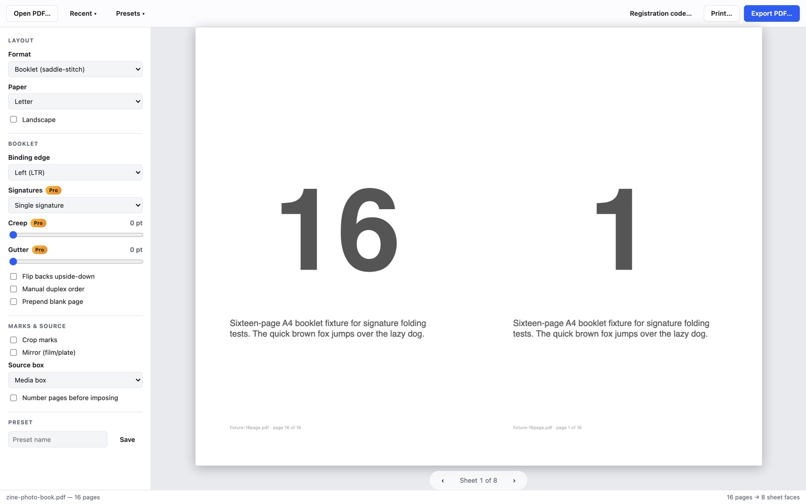 PDF Imposer on Windows — a 16-page PDF imposed as a saddle-stitch booklet with live sheet preview