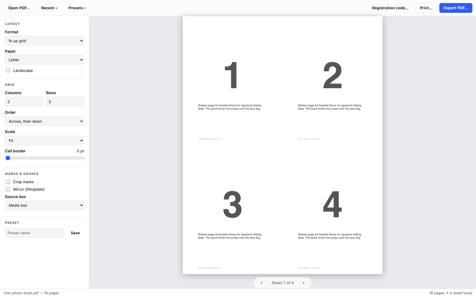 PDF Imposer on Windows — 2×2 N-up grid layout