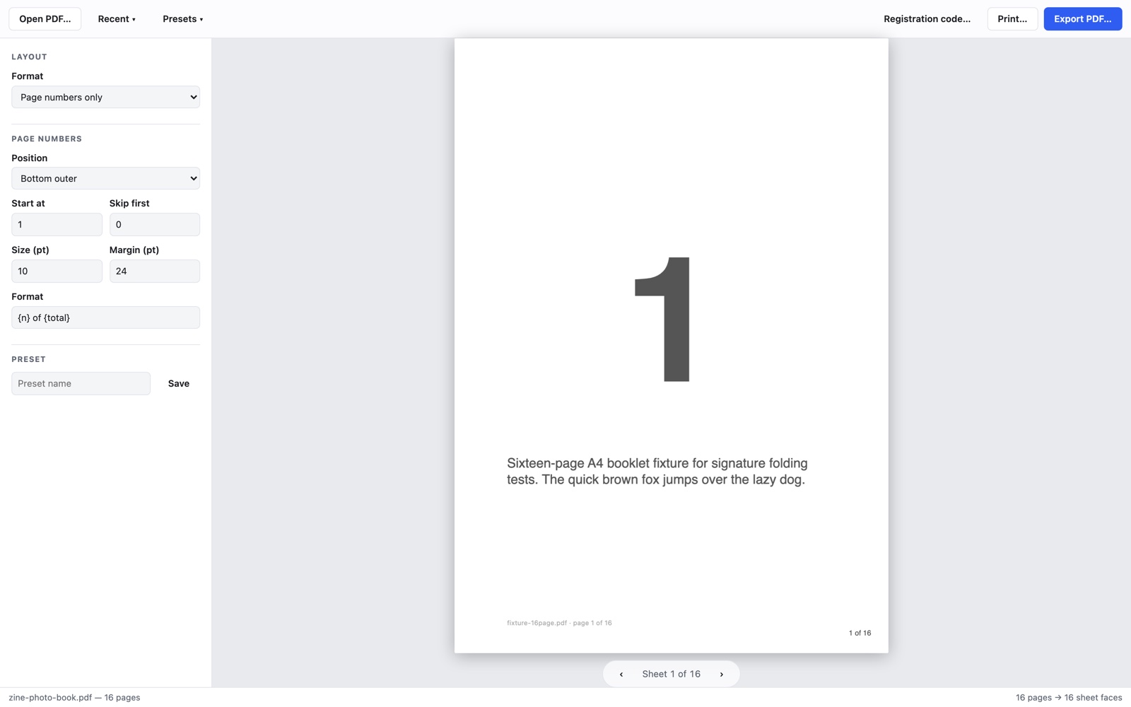 PDF Imposer on Windows — page numbering with position and format options