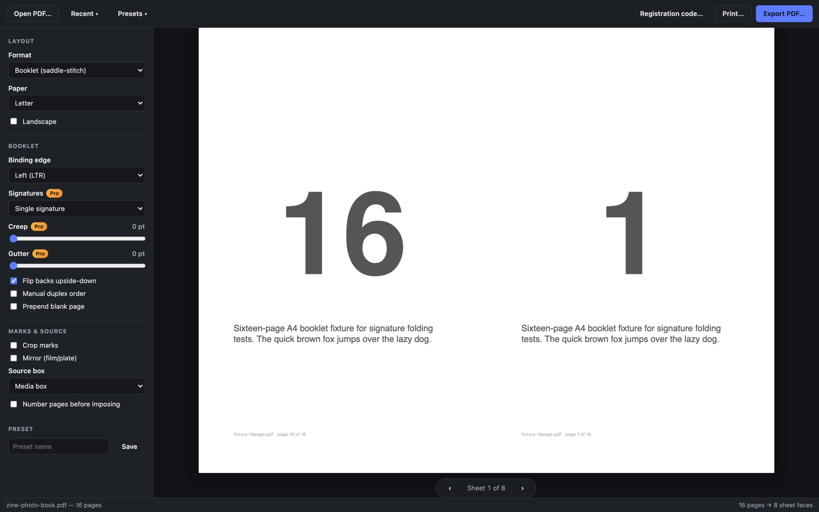PDF Imposer on Windows in dark mode — booklet imposition with signatures, creep and gutter controls